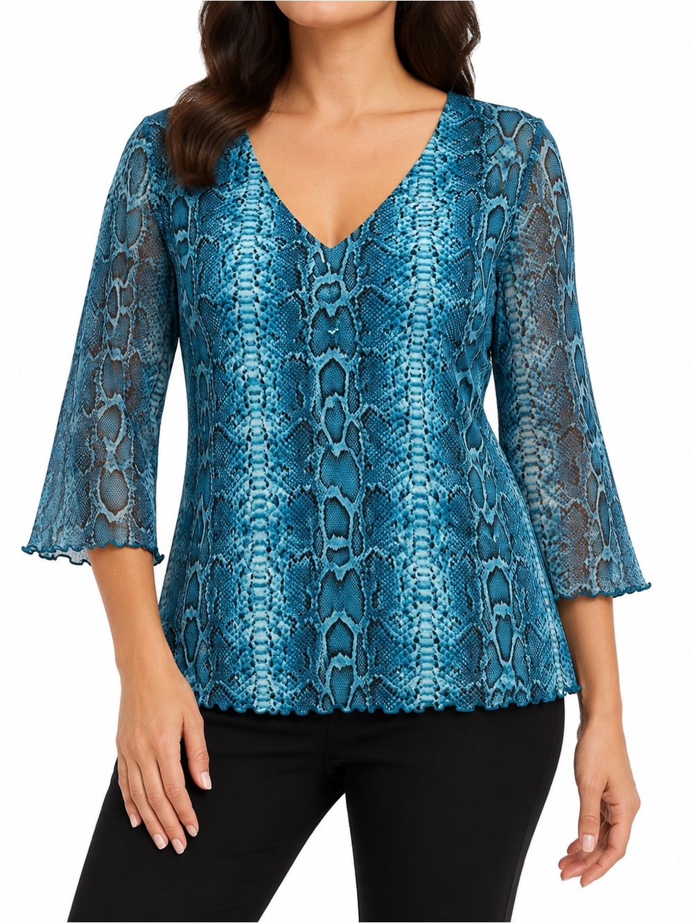 Moa Moa XL Teal Snakeskin Print V-Neck 3/4 Sleeve Blouse